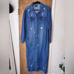 Blue Age Long Denim Coat Jacket Distressed Button Front Size L